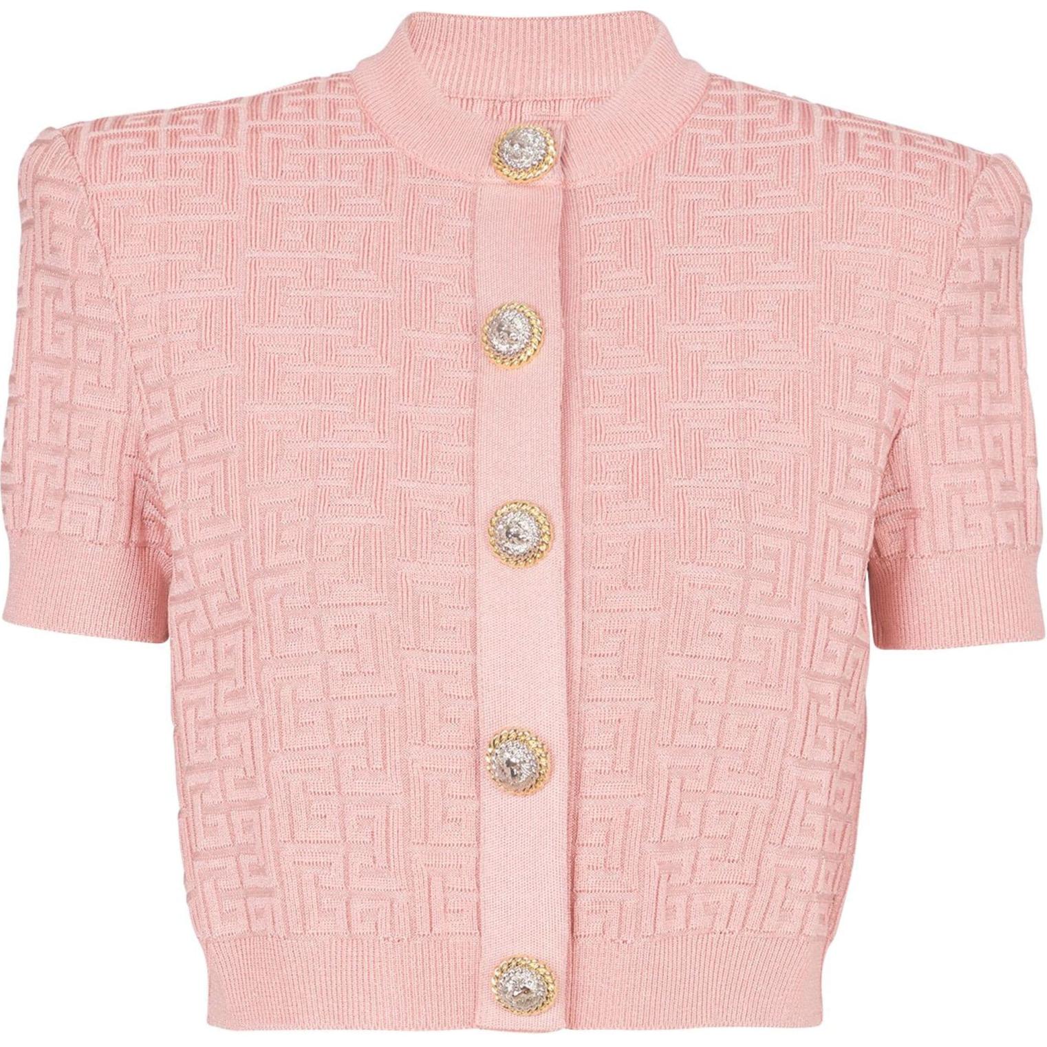 (Women) BALMAIN  Pink Monogram Knit Short-Sleeve Button-Up Top FW24. DF1SB215-KG96-OIW