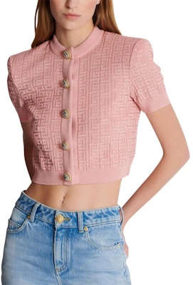 (Women) BALMAIN Pink Monogram Knit Short-Sleeve Button-Up Top FW24. DF1SB215-KG96-OIW Sizing (Women) BALMAIN Pink Monogram Knit Short-Sleeve Button-Up Top FW24. DF1SB215-KG96-OIW