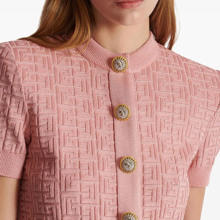 Cheap (W) 巴尔曼 粉色字母提花针织短袖开襟上衣 FW24. DF1SB215-KG96-OIW