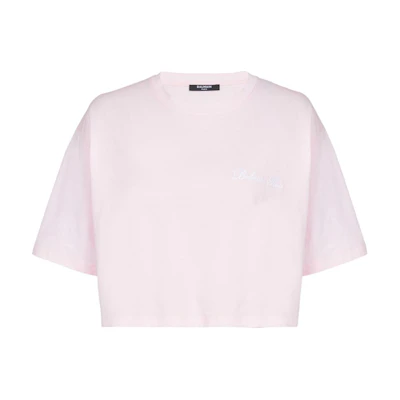 (Women) BALMAIN Pink Short Sleeve Cropped Logo Embroidered T-Shirt. DF1EE020-BC78-OES