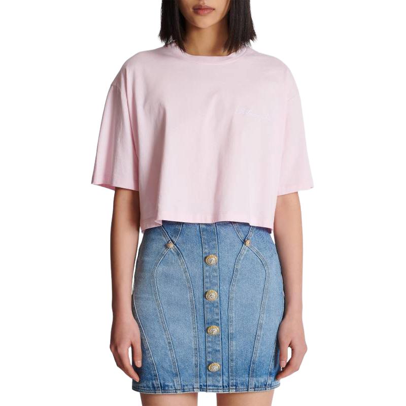 Details for (W) BALMAIN 粉紅色短袖刺繡Logo短版T恤 DF1EE020-BC78-OES