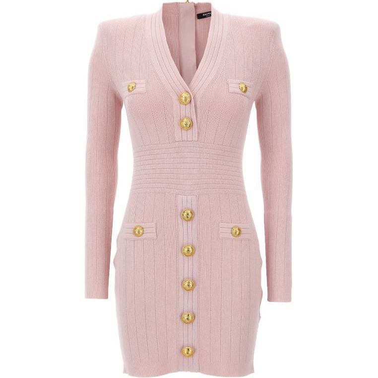 (Women) BALMAIN  Pink V-Neck Zipper Slim Fit Long Sleeve Short Dress DF1R8059-KB07-4CO