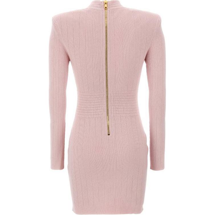 Lookbook (Women) BALMAIN  Pink V-Neck Zipper Slim Fit Long Sleeve Short Dress DF1R8059-KB07-4CO
