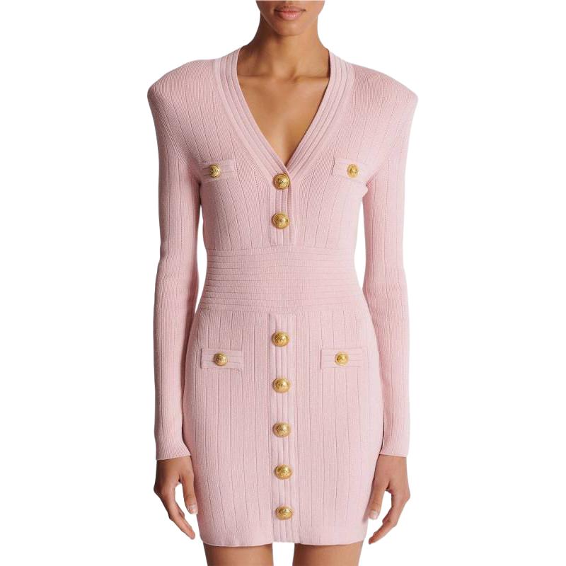 Shop (Women) BALMAIN  Pink V-Neck Zipper Slim Fit Long Sleeve Short Dress DF1R8059-KB07-4CO