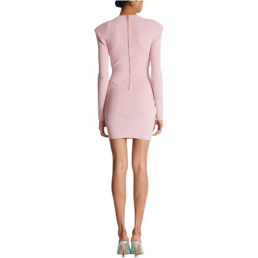 Purchase (Women) BALMAIN  Pink V-Neck Zipper Slim Fit Long Sleeve Short Dress DF1R8059-KB07-4CO