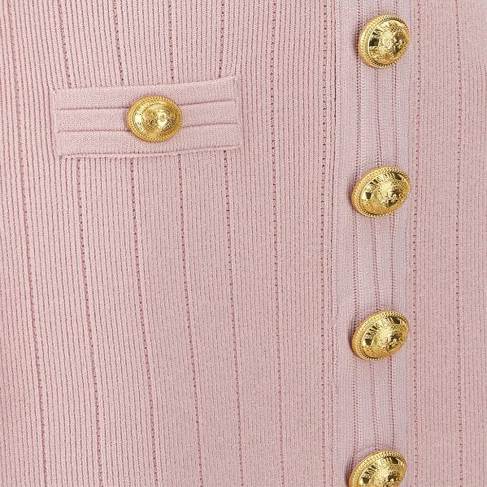 Details for (Women) BALMAIN  Pink V-Neck Zipper Slim Fit Long Sleeve Short Dress DF1R8059-KB07-4CO