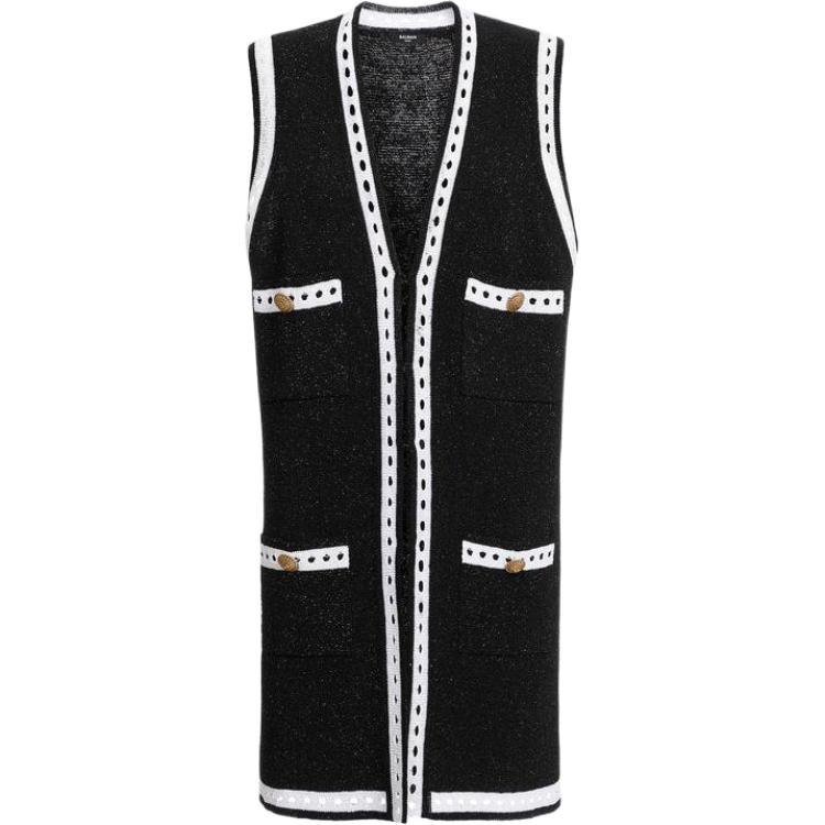 (Women) BALMAIN  Sleeveless Knit Dress Black with Polka Dot and Faux Pocket Design. BF1KN045-KE74-EHQ