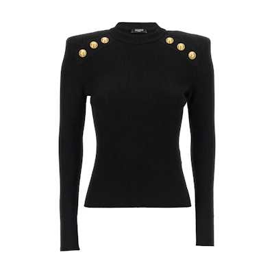 (Women) Balmain Slim Fit Knitted Pullover with Logo Button - Black. DF1KD001-KB07-0PA