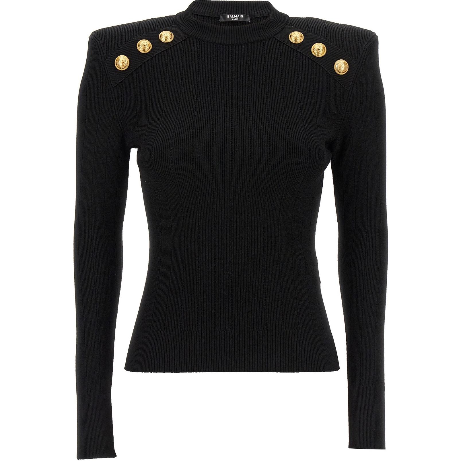 Order (W) Balmain Slim Fit Pullover Rajut dengan Kancing Logo - Hitam. DF1KD001-KB07-0PA