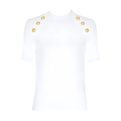 (Women) BALMAIN Slim Fit Knitted Short Sleeve T-Shirt with Button Detail. CF0EF090-JH30-0FA