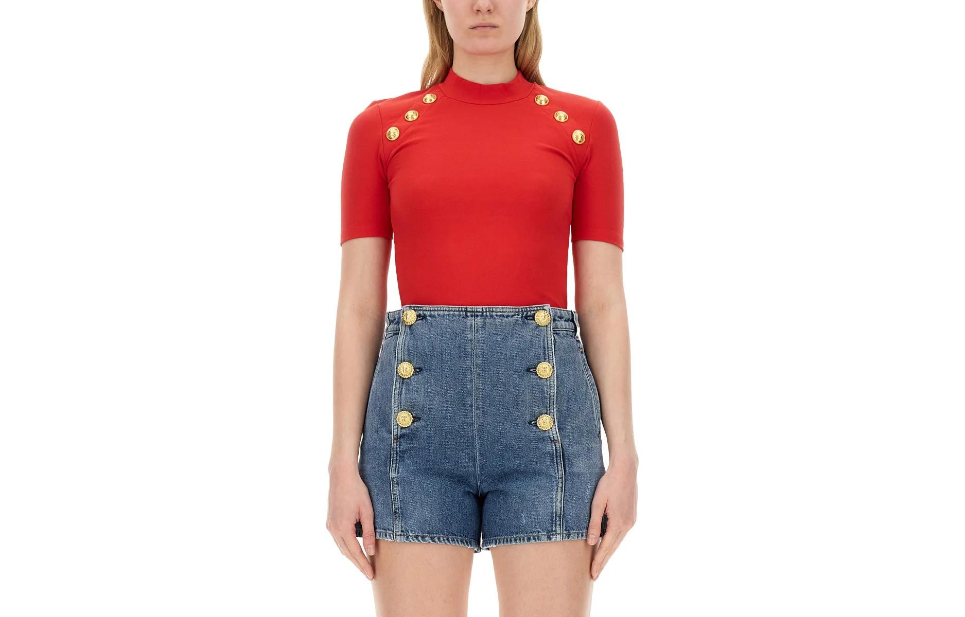 (Women) BALMAIN  Slim Fit Red Crewneck Raglan Short Sleeve T-Shirt CF0EF090JH30-3CF