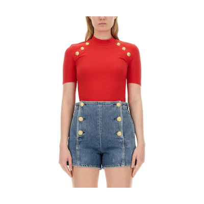 (Women) BALMAIN Slim Fit Red Crewneck Raglan Short Sleeve T-Shirt CF0EF090JH30-3CF