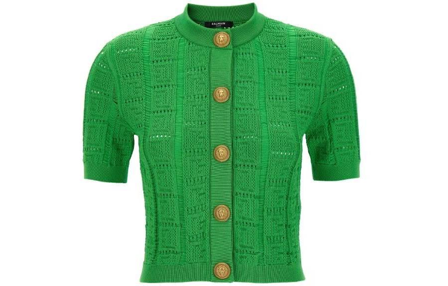 (Women) Balmain  Slim Fit Short-Sleeve Knit Sweater Green BF1KL019-KE68-7FF