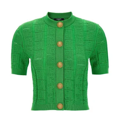 (Women) Balmain Slim Fit Short-Sleeve Knit Sweater Green BF1KL019-KE68-7FF