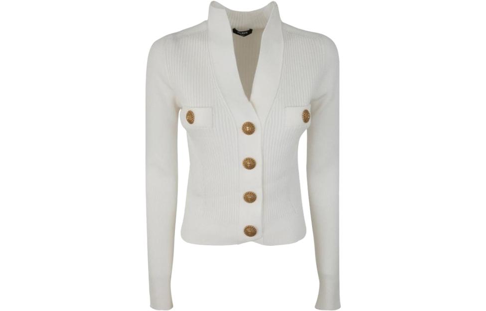 (Women) BALMAIN  Slim Fit Solid V-Neck Long Sleeve Sweater - White BF0KL120KF240FA