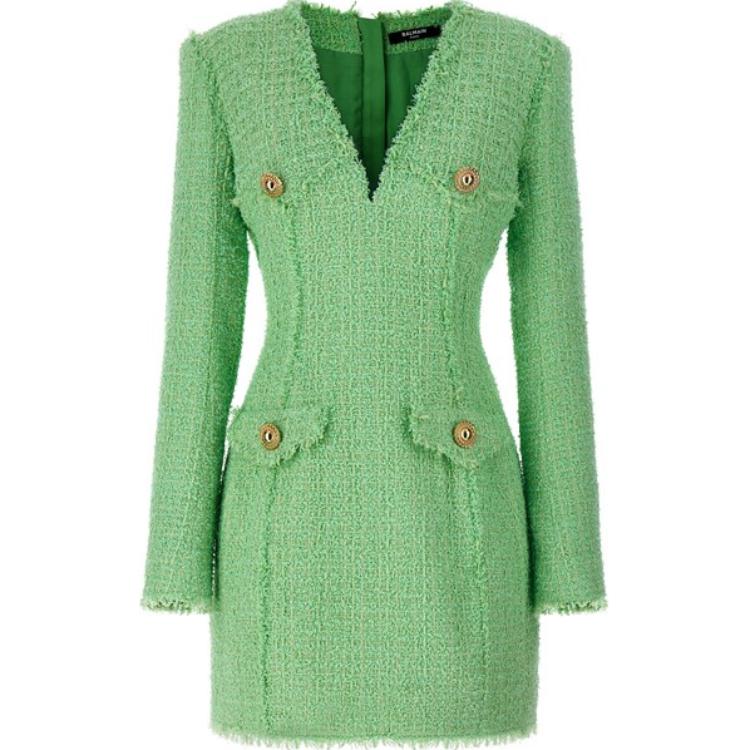 (Women) BALMAIN  Slim Fit V-Neck Long Sleeve Green Dress. CF1R9103XF91-7DF