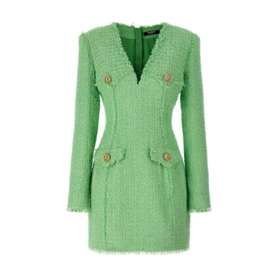 (Women) BALMAIN Slim Fit V-Neck Long Sleeve Green Dress. CF1R9103XF91-7DF