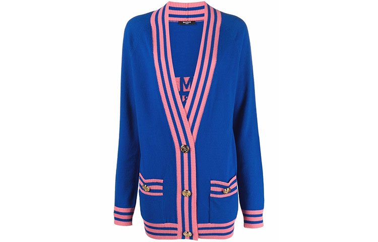 (Women) BALMAIN  SS22 Jacquard Logo Cardigan Wool Sweater - Blue. XF1KO000KB01-SDU
