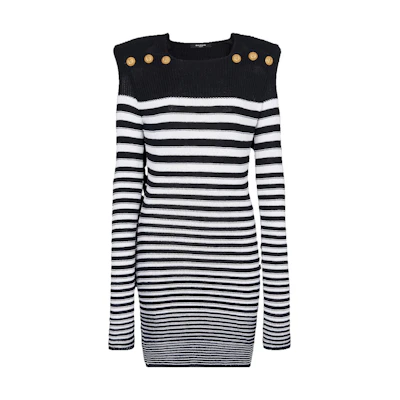(Women) BALMAIN Striped Button Shoulder Long Sleeve Midi Dress Black/White AF1R8093-KD65-EAB