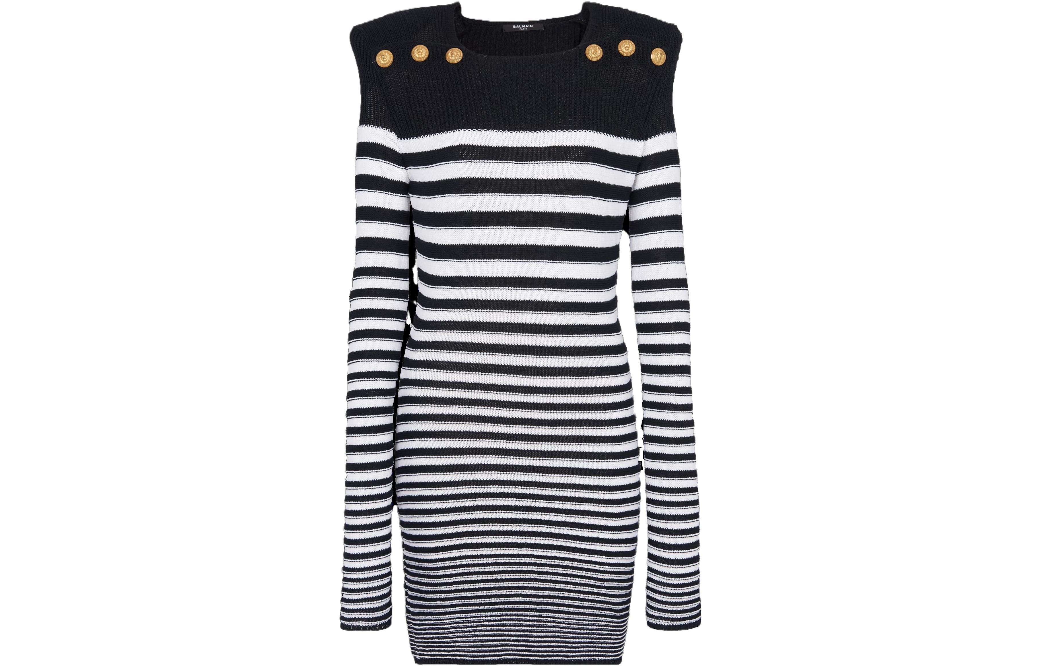Order (Women) BALMAIN  Striped Button Shoulder Long Sleeve Midi Dress Black/White AF1R8093-KD65-EAB