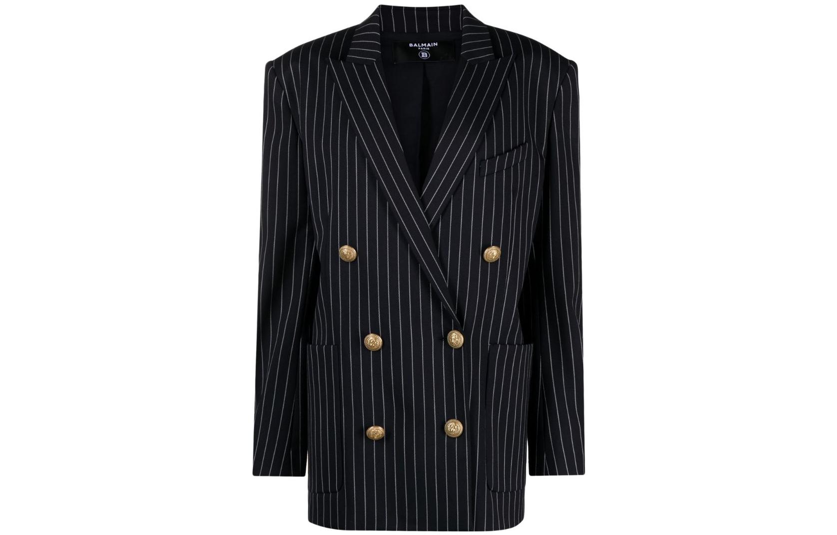 (Women) BALMAIN  Striped Double-Breasted Blazer Navy Blue BF0SH025-WC37-SIV