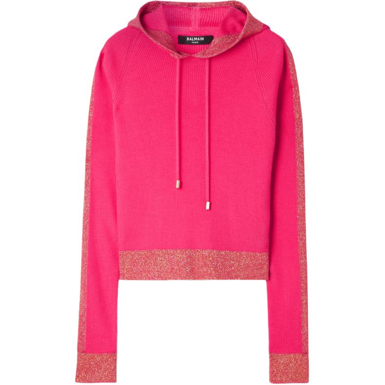 (Women) BALMAIN  Striped Loose Knit Hoodie Pink Long Sleeve Pullover WF2JP006-K345-OCM
