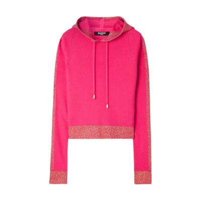 (Women) BALMAIN Striped Loose Knit Hoodie Pink Long Sleeve Pullover WF2JP006-K345-OCM