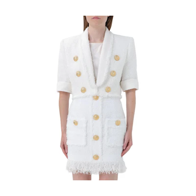 (Women) BALMAIN White Double-Breasted V-Neck Cropped Jacket. DF1SC186XC67-0FA