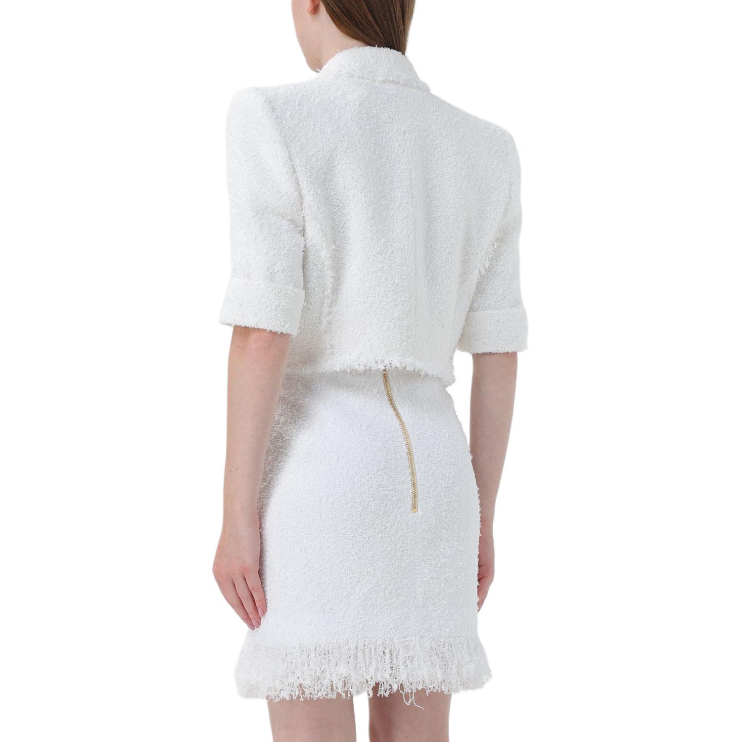 Lookbook (Women) BALMAIN  White Double-Breasted V-Neck Cropped Jacket. DF1SC186XC67-0FA