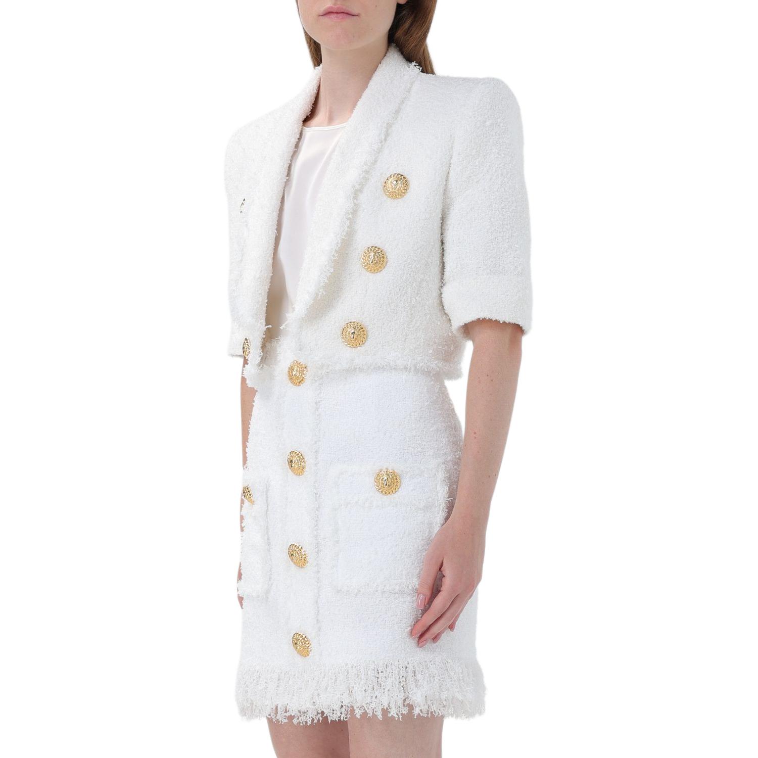 Shop (Women) BALMAIN  White Double-Breasted V-Neck Cropped Jacket. DF1SC186XC67-0FA