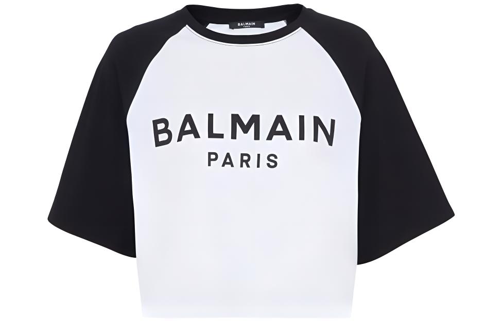 (Women) BALMAIN  White Logo Print Raglan Sleeve Cropped T-Shirt. CF1EE090BB02-GAB