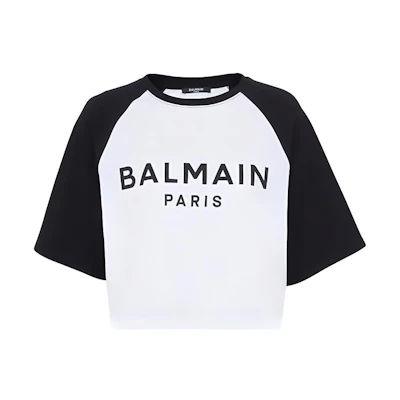 (Women) BALMAIN White Logo Print Raglan Sleeve Cropped T-Shirt. CF1EE090BB02-GAB