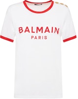 (Women) BALMAIN White Logo Stripe Print Crew Neck Short Sleeve Shirt. CF1EF006-BB02-GQT (Women) BALMAIN White Logo Stripe Print Crew Neck Short Sleeve Shirt. CF1EF006-BB02-GQT