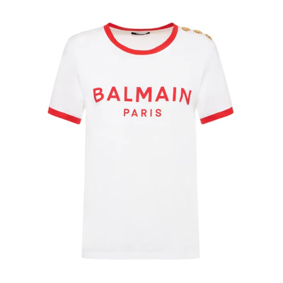 (Women) BALMAIN White Logo Stripe Print Crew Neck Short Sleeve Shirt. CF1EF006-BB02-GQT