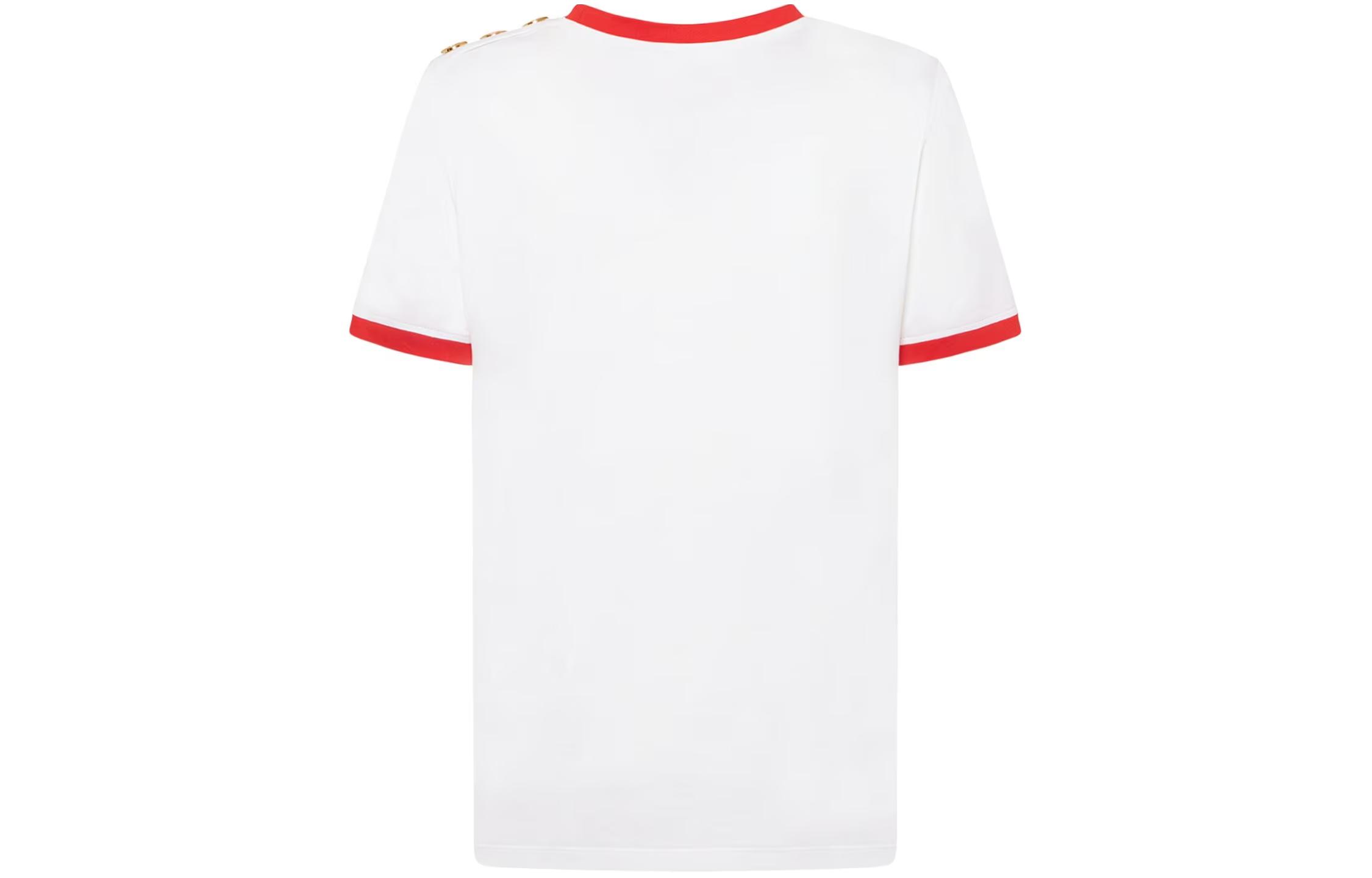 Lookbook (W) BALMAIN 白色條紋標誌短袖圓領T恤。 CF1EF006-BB02-GQT