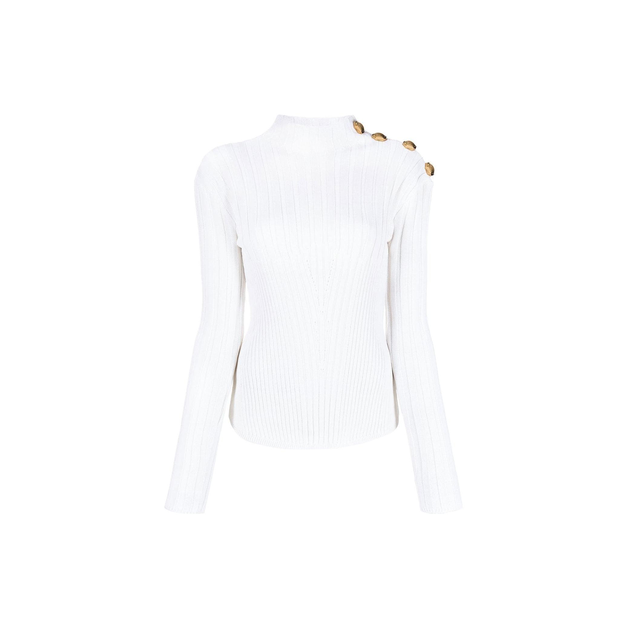 (Women) BALMAIN  White Ribbed Knit Pullover Wool Sweater with Button Details FW22 YF0KF045KB93-0FA