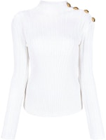 (Women) BALMAIN White Ribbed Knit Pullover Wool Sweater with Button Details FW22 YF0KF045KB93-0FA (Women) BALMAIN White Ribbed Knit Pullover Wool Sweater with Button Details FW22 YF0KF045KB93-0FA