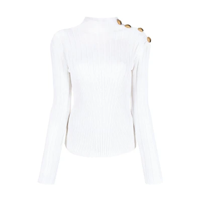 (Women) BALMAIN White Ribbed Knit Pullover Wool Sweater with Button Details FW22 YF0KF045KB93-0FA