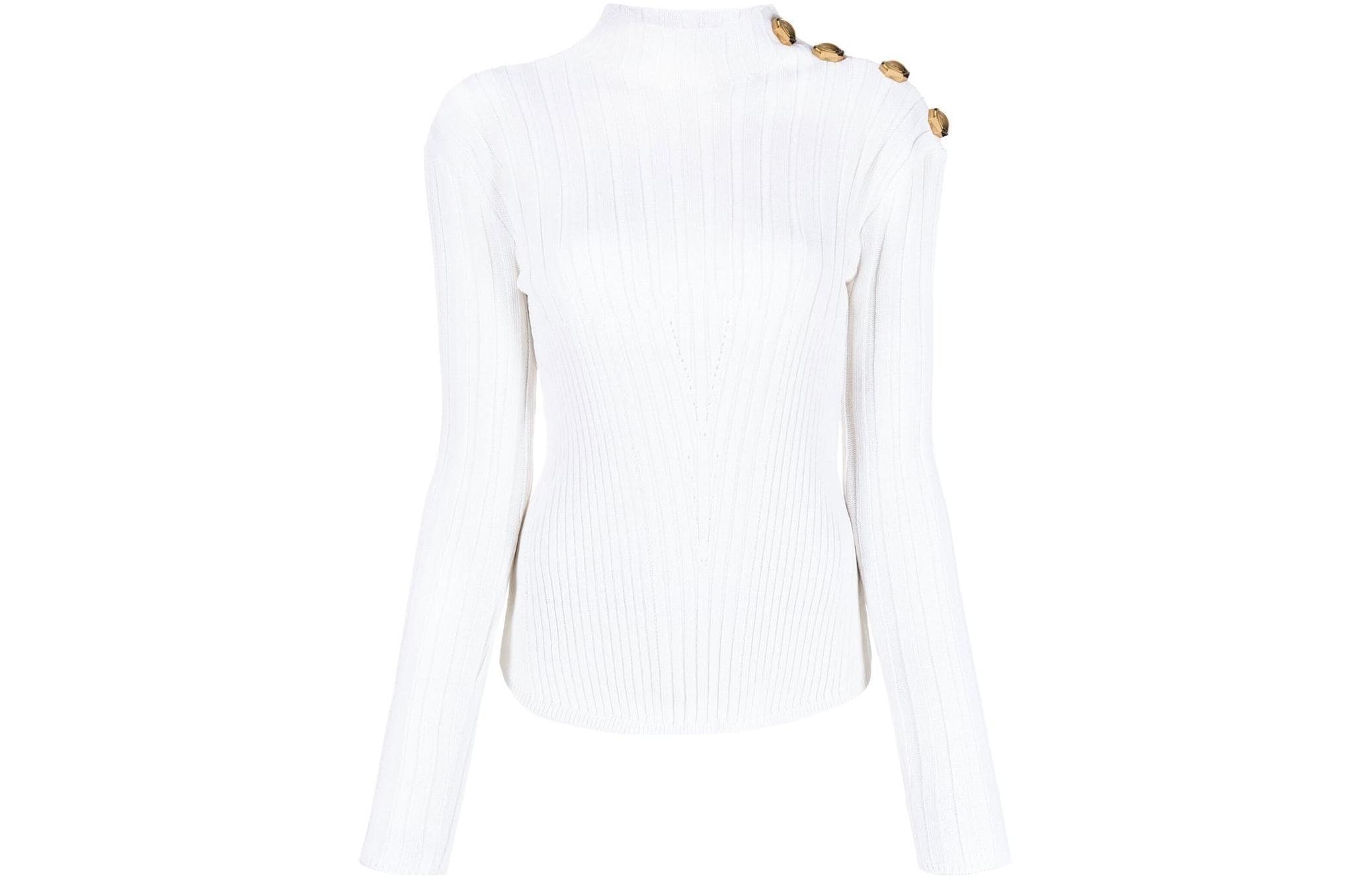 Order (W) BALMAIN Baju Wool Putih Ribbed Knit dengan Butang Butiran FW22. YF0KF045KB93-0FA