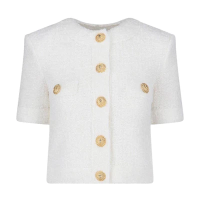 (Women) Balmain White Round-Neck Knit Cardigan with Buttons. DF1KL027KH10-0FA