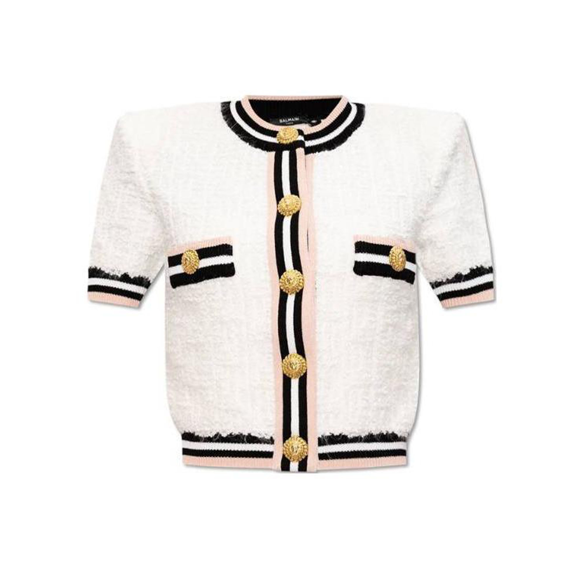 (Women) BALMAIN  White Short-Sleeve Button-Up Knit Top. CF0KL027-KG15-GQW