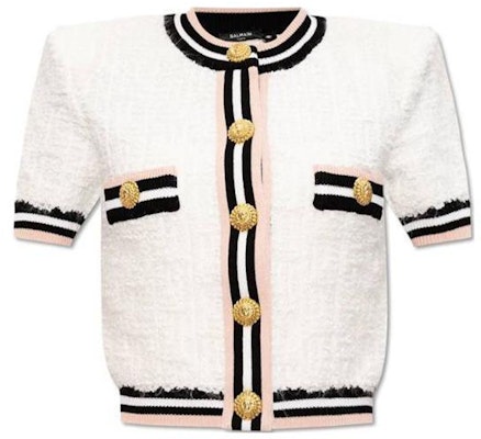 (Women) BALMAIN White Short-Sleeve Button-Up Knit Top. CF0KL027-KG15-GQW Buy (Women) BALMAIN White Short-Sleeve Button-Up Knit Top. CF0KL027-KG15-GQW
