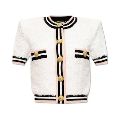 (Women) BALMAIN White Short-Sleeve Button-Up Knit Top. CF0KL027-KG15-GQW