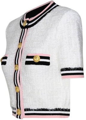 (Women) BALMAIN White Short-Sleeve Button-Up Knit Top. CF0KL027-KG15-GQW Shop (Women) BALMAIN White Short-Sleeve Button-Up Knit Top. CF0KL027-KG15-GQW