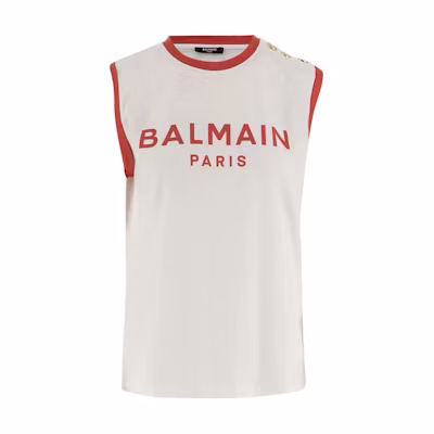 (Women) BALMAIN White Sleeveless Letter Print Crewneck Tank Top. CF1ED002BB02-GQT