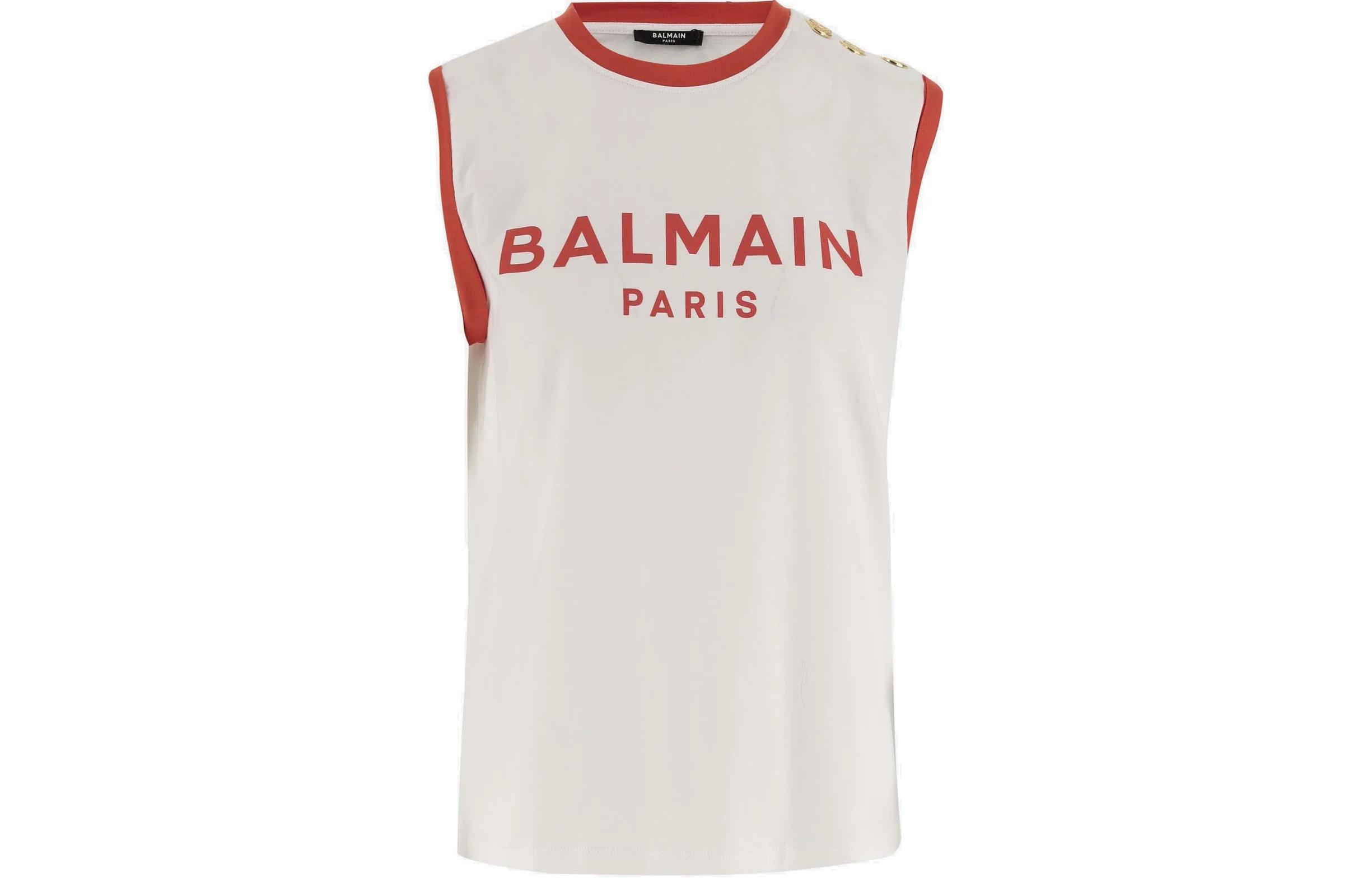 Order (W) BALMAIN Tank Top Putih Tanpa Lengan Cetakan Huruf Crewneck. CF1ED002BB02-GQT