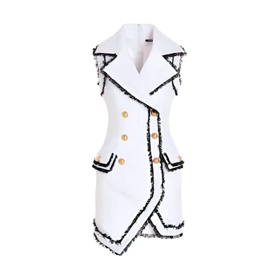 (Women) Balmain White Sleeveless V-Neck Double-Breasted Midi Dress. XF0R5400-CC12-GAB