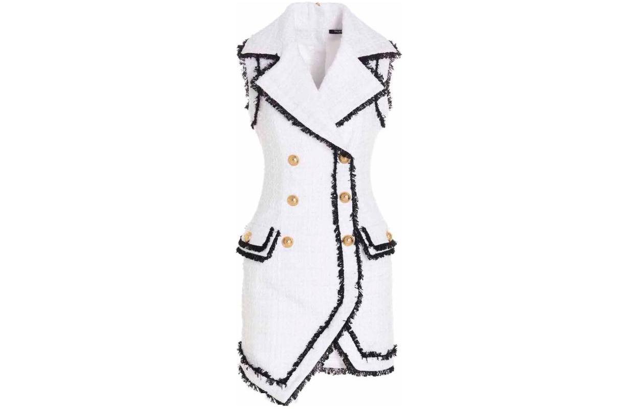 Order (W) 巴爾曼白色無袖V領雙排扣中長洋裝 XF0R5400-CC12-GAB