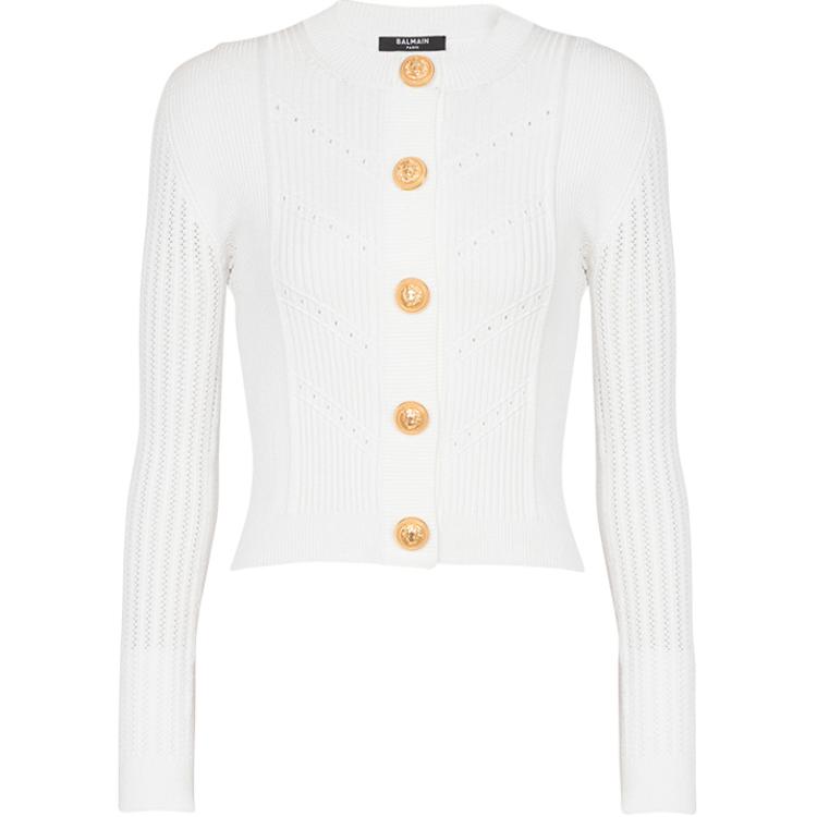(Women) BALMAIN  White Slim-Fit Knit Cardigan Long Sleeve FW24. DF1KL190-KF24-0FA