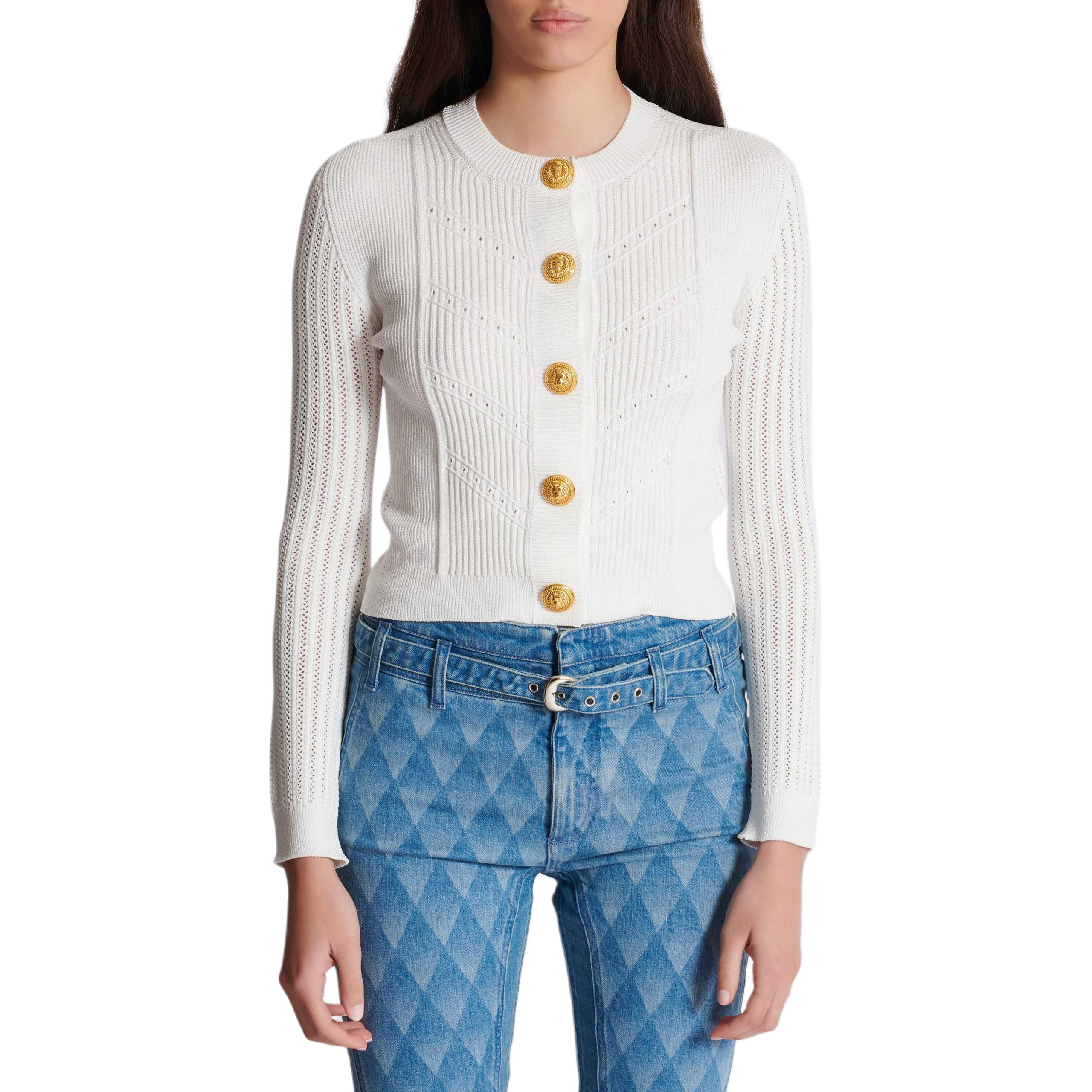 Lookbook (Women) BALMAIN  White Slim-Fit Knit Cardigan Long Sleeve FW24. DF1KL190-KF24-0FA